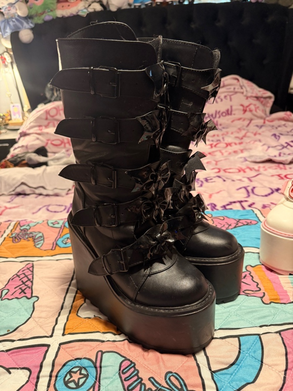 YRU Black Floral Buckle Platform Boots